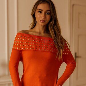 Cowl Neck Women S Gold Stud Collar/Sleeve Orange Knit Pullover Art 2 Wear Preppy